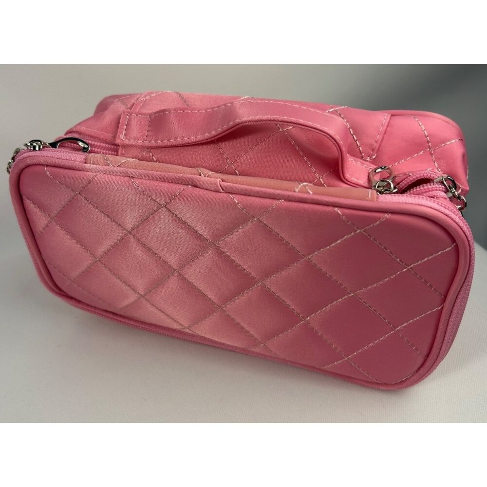 Quilted Travel Makeup Bag With Handle & Zipper Compartments, Pink